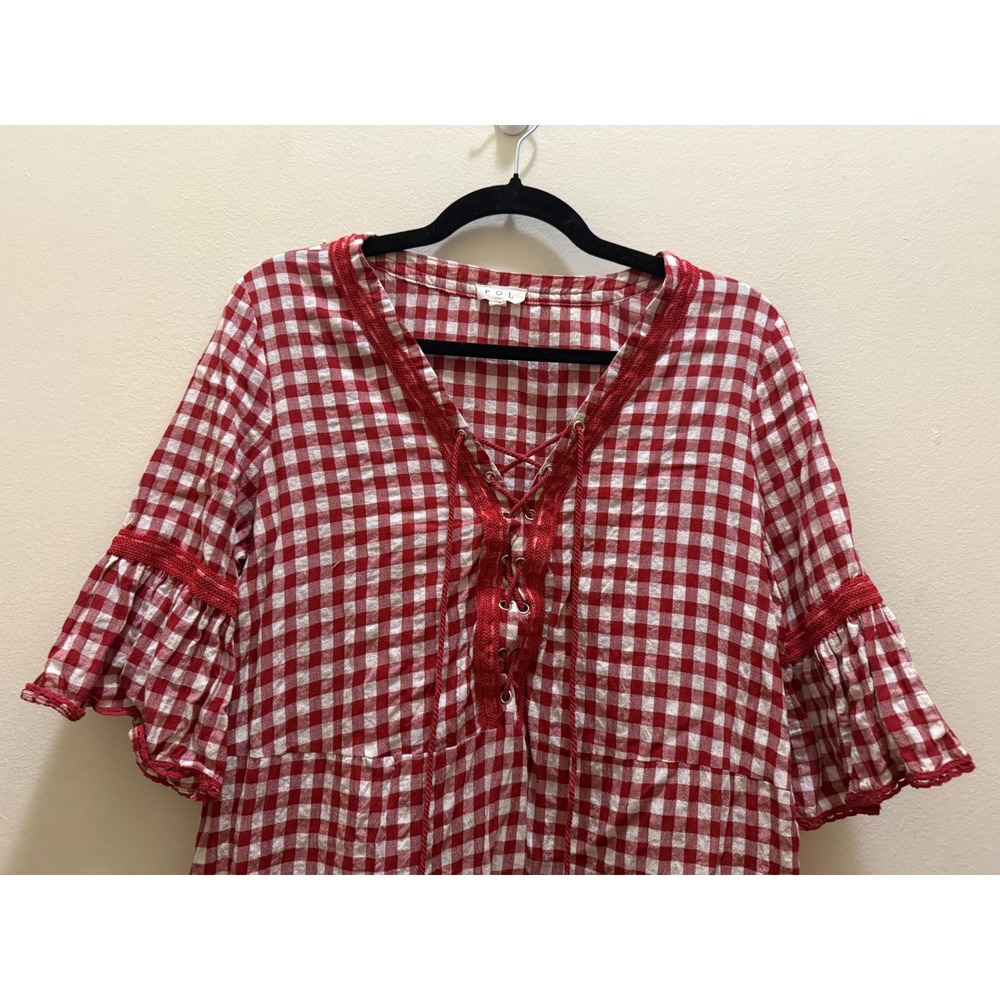 POL‎ Red Gingham Maxi Dress Boho Lace Tassel - M - Picture 3 of 12